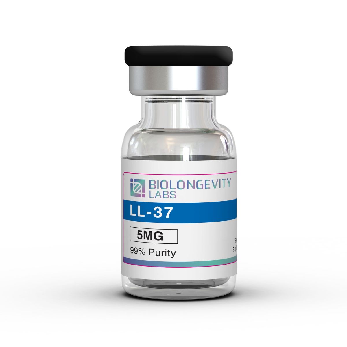 Glass vial with sealed cap labeled LL-37 antimicrobial peptide 5MG 99% Purity from Biolongevity Labs.