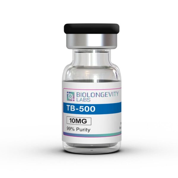 Glass vial with dual-component cap labeled TB-500 10MG 99% Purity from Biolongevity Labs.