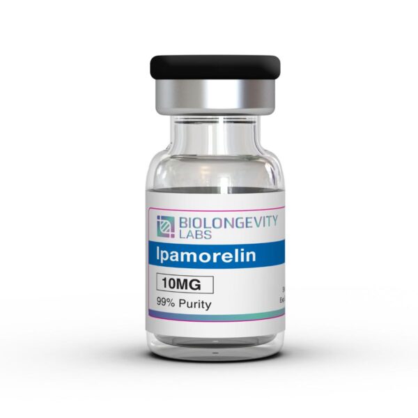 Glass vial with protective cap labeled Ipamorelin 10MG 99% Purity from Biolongevity Labs.