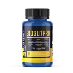 BIOGUTPRO bottle with seven active ingredients including BPC-157, KPV, N Acetyl Larazotide, and others. Contains 60 vegetable capsules for research use only.