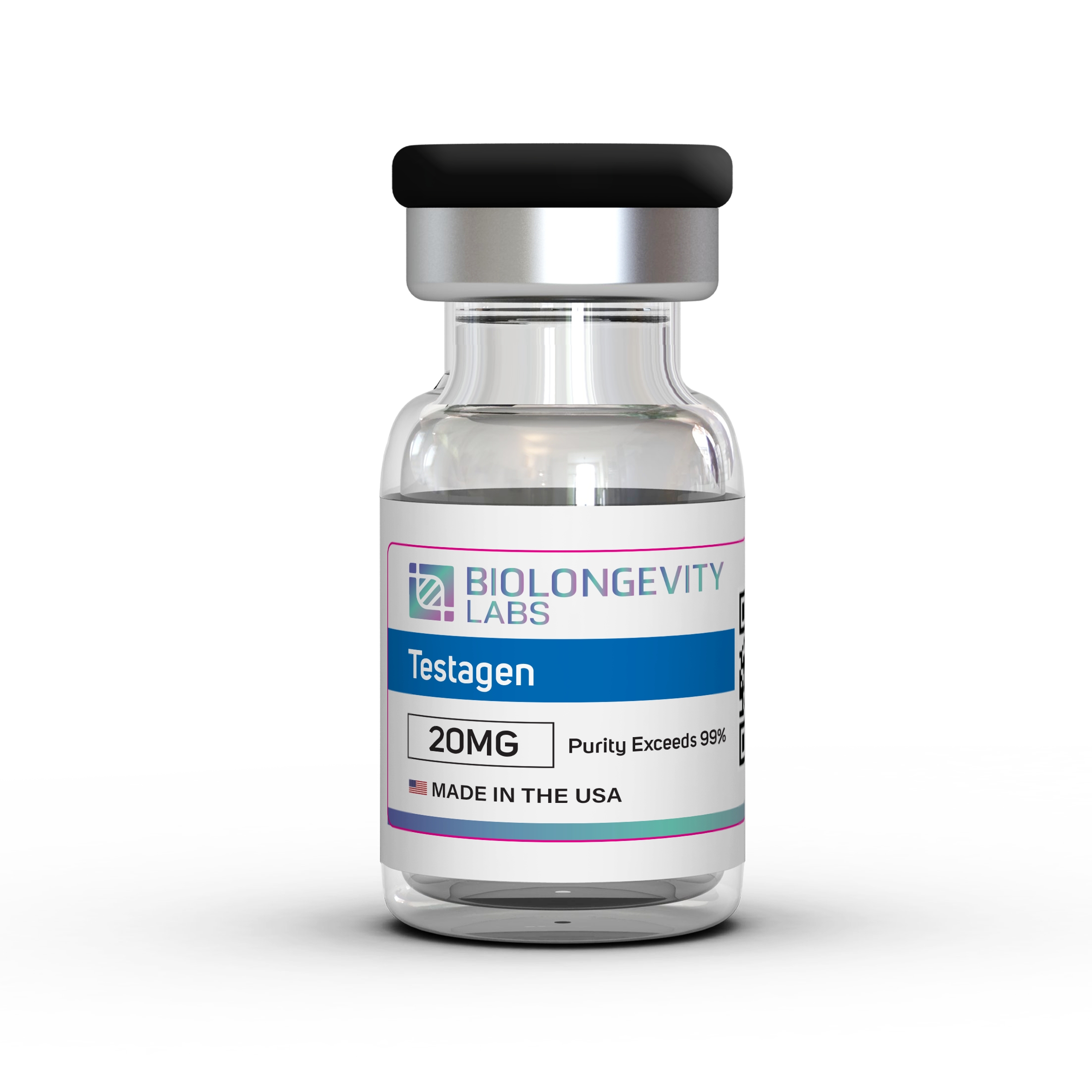 Glass vial of Biolongevity Labs Testagen, 20MG, with purity exceeding 99%, made in the USA.