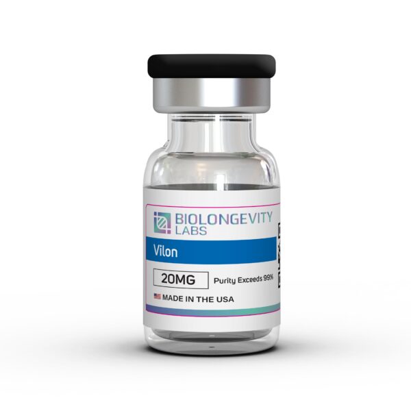 Glass vial of Biolongevity Labs Vilon, 20MG, with purity exceeding 99%, made in the USA.